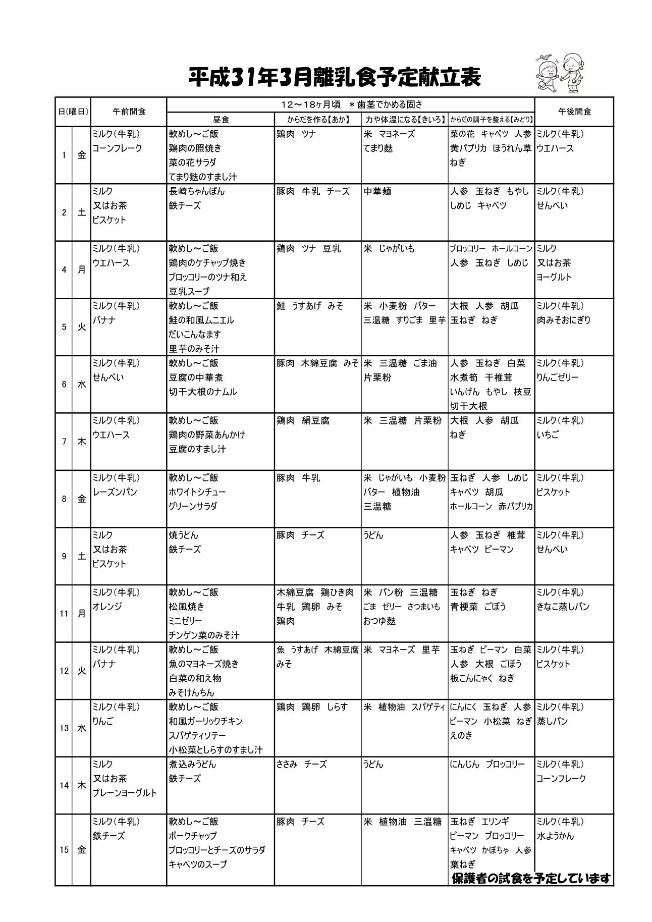 平成31年３月 12 18か月 離乳食予定献立表 献立表 幼保連携型認定こども園 かわちこども園
