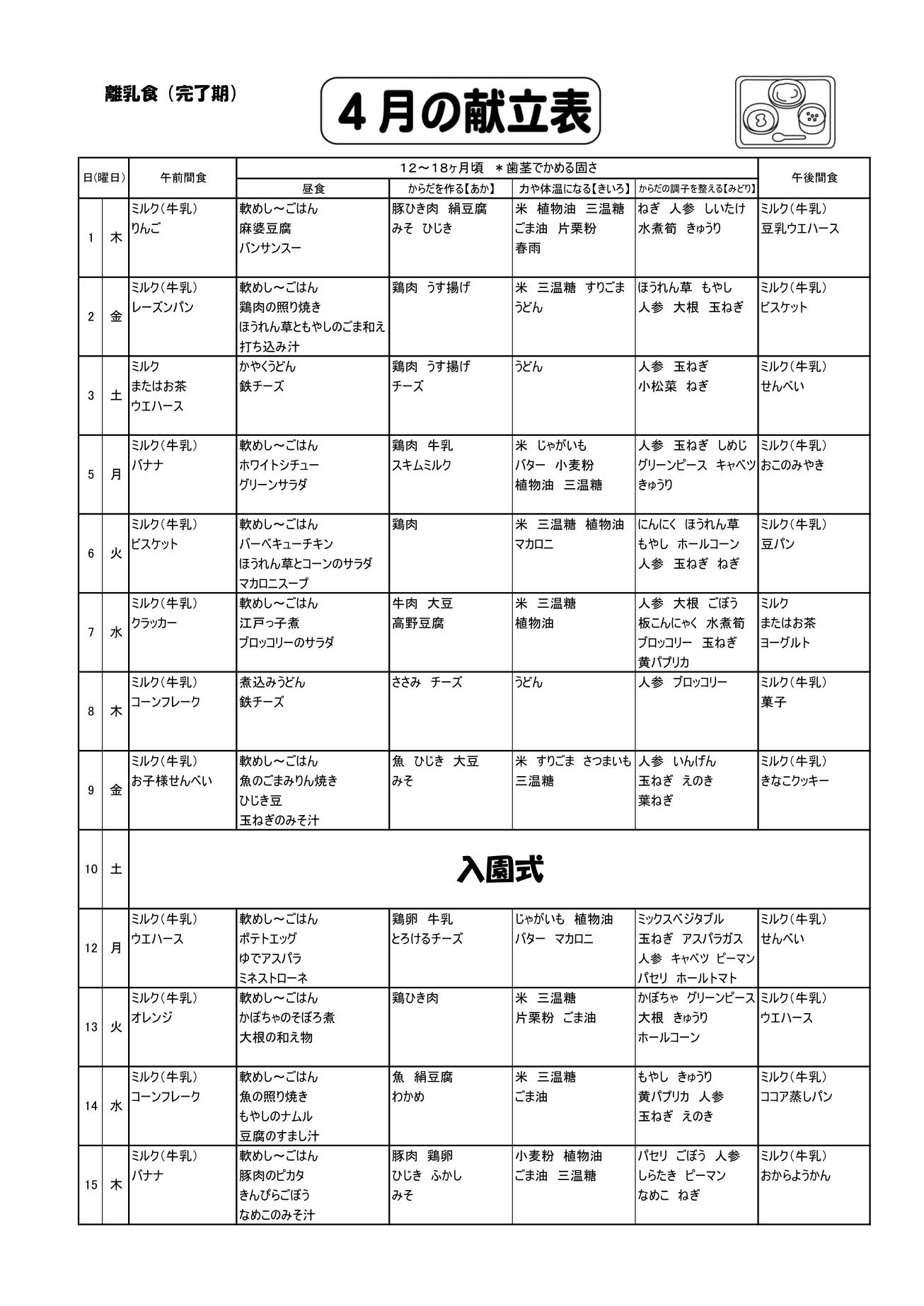 令和３年４月 離乳食予定献立表 献立表 幼保連携型認定こども園 かわちこども園