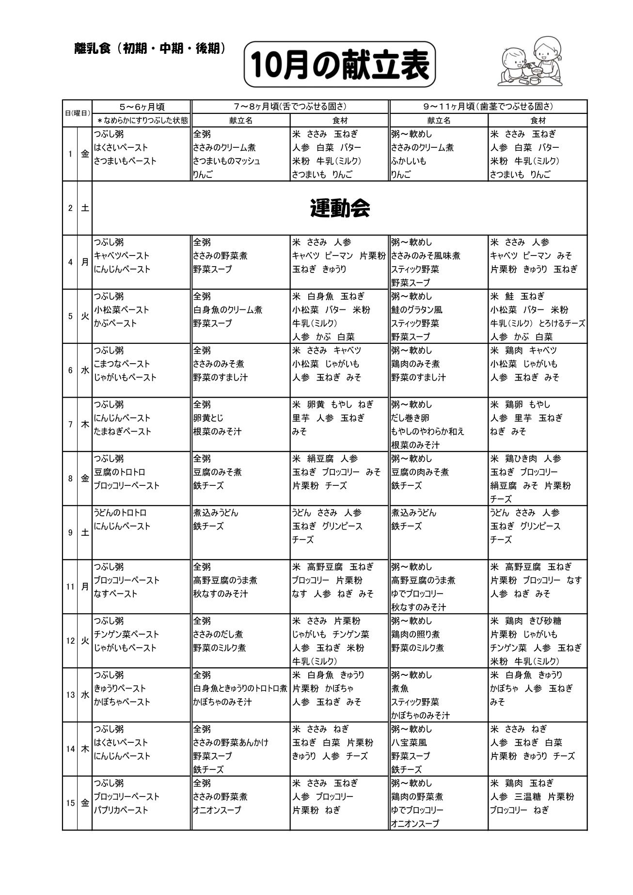 令和3年10月 5 11か月 離乳食予定献立表 献立表 幼保連携型認定こども園 かわちこども園